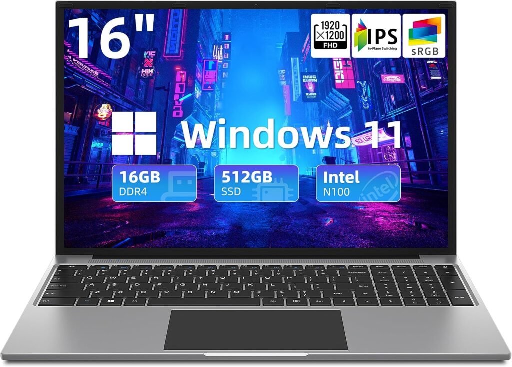 jumper Laptop, 16GB RAM 512GB SSD, Quad-Core Intel N100 Processor, 16 FHD IPS Screen(1920x1200), Windows 11 Laptops Computer with 4 Stereo Speakers, Dual-Band WiFi, Cooling System, 38WH Battery,Gray.